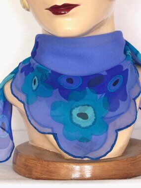 Anne Klein 20" x 20" Blue Silk Chiffon Scarf With Scalloped Edge
